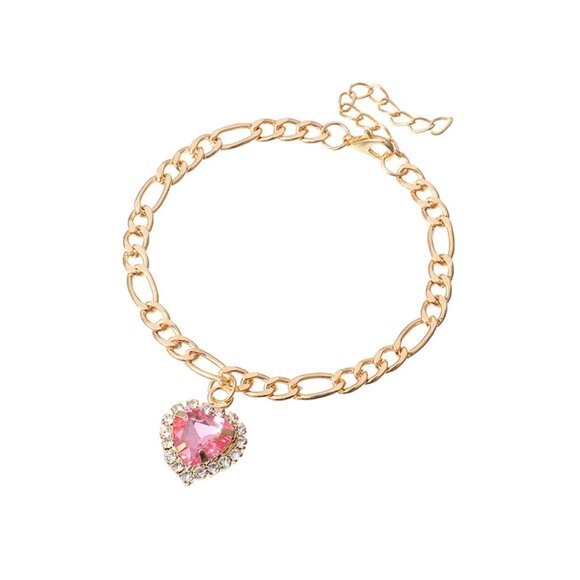 3/$35 Pink Heart Cubic Zirconia Gold Chain Charm Pendant Bracelet Diamond - Picture 4 of 7